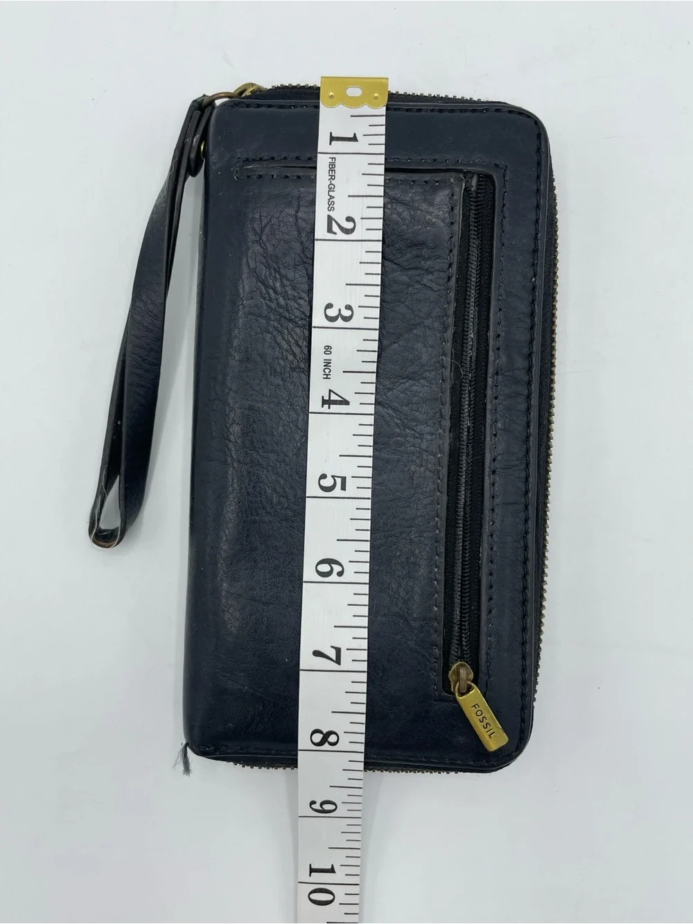 Fossil Black Leather Zip Wristlet with Gold Logo